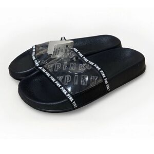 NWT PINK VS Victoria secret black clear logo Slides slip on Sandals size small